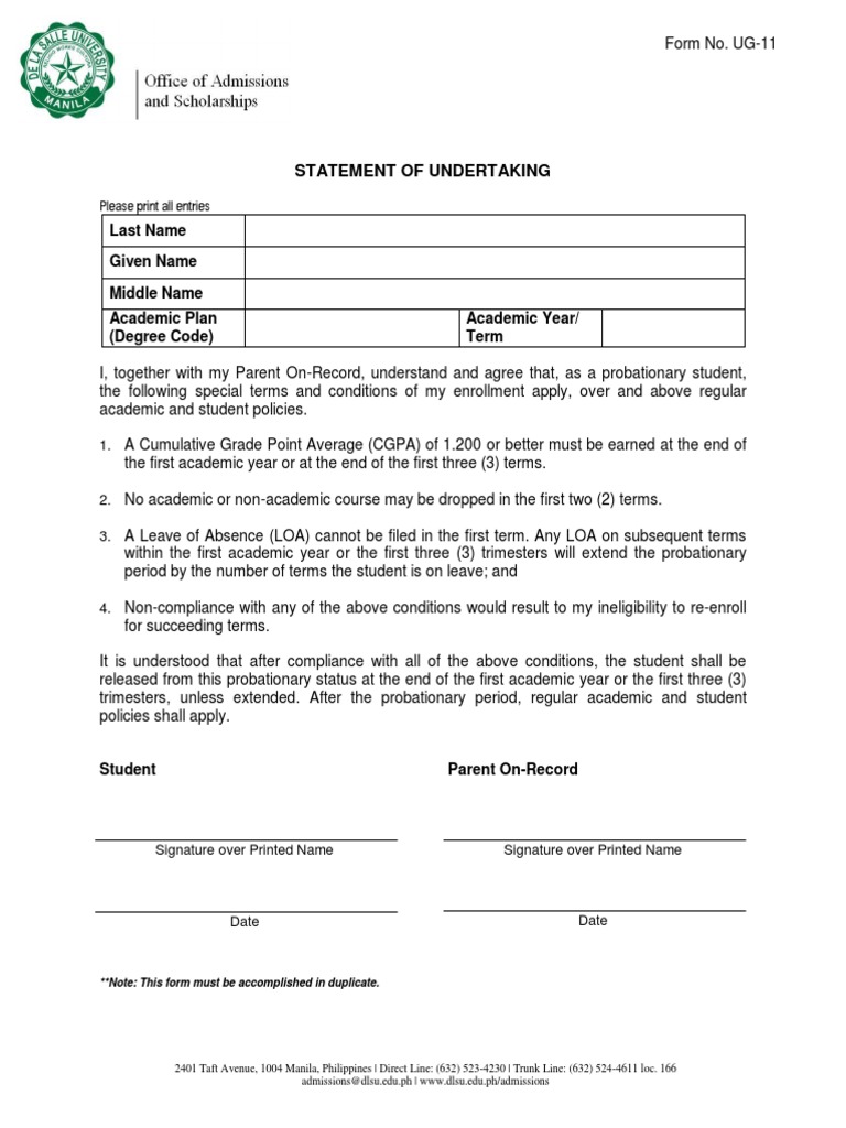 Admission Statement of Undertaking PDF | PDF