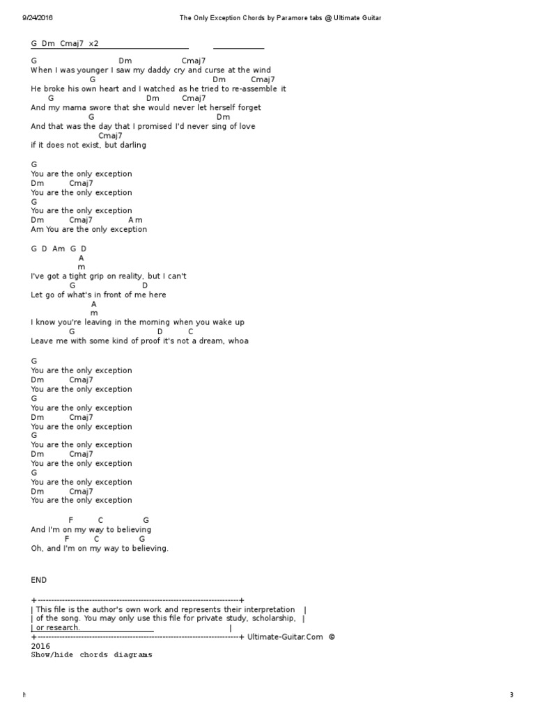 The Only Exception Chords by Paramore Tabs at Ultimate Guitar Archive | PDF