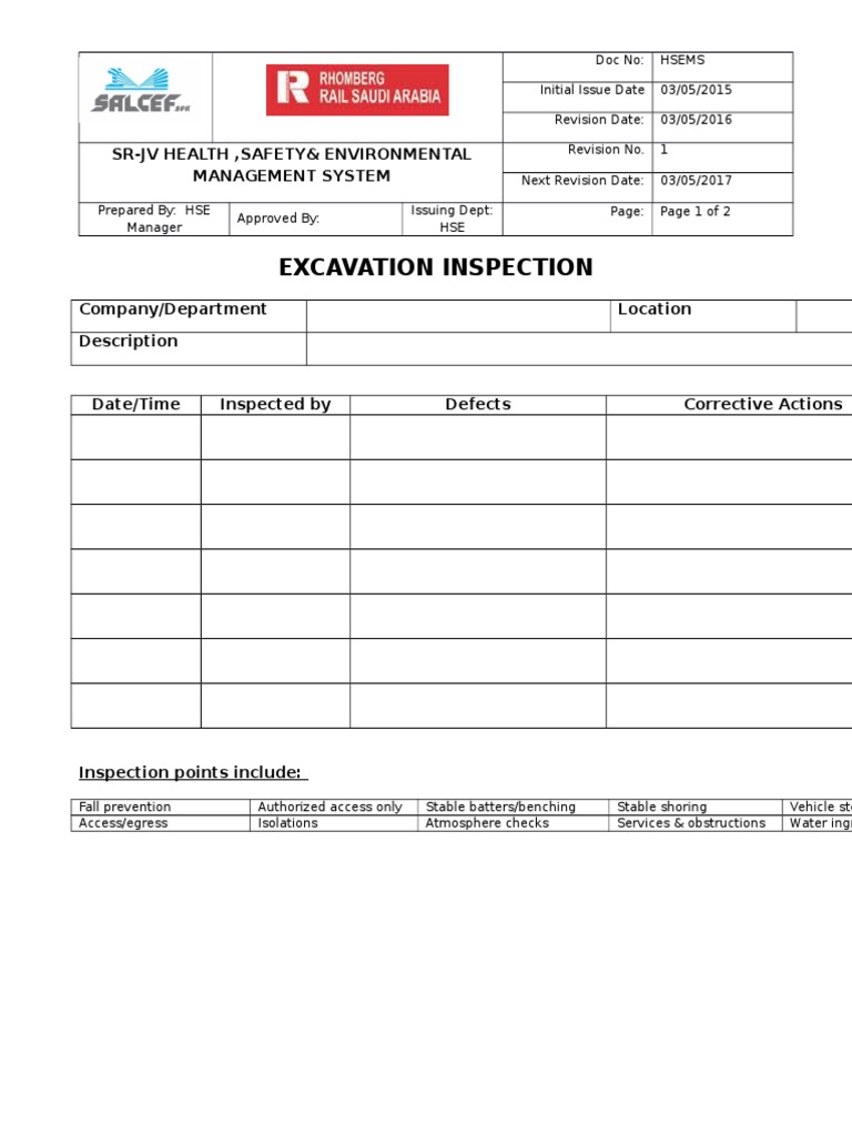 Excavation Inspection: SR-JV Health, Safety& Environmental Management ...