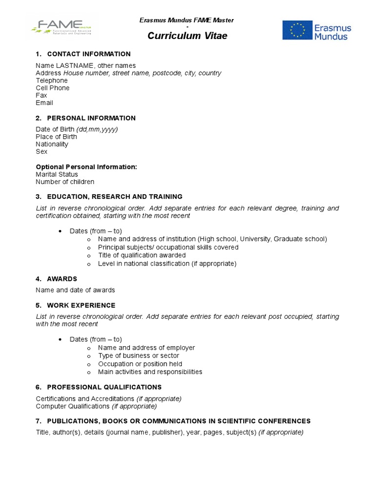 Erasmus Mundus FAME Master CV Template | PDF