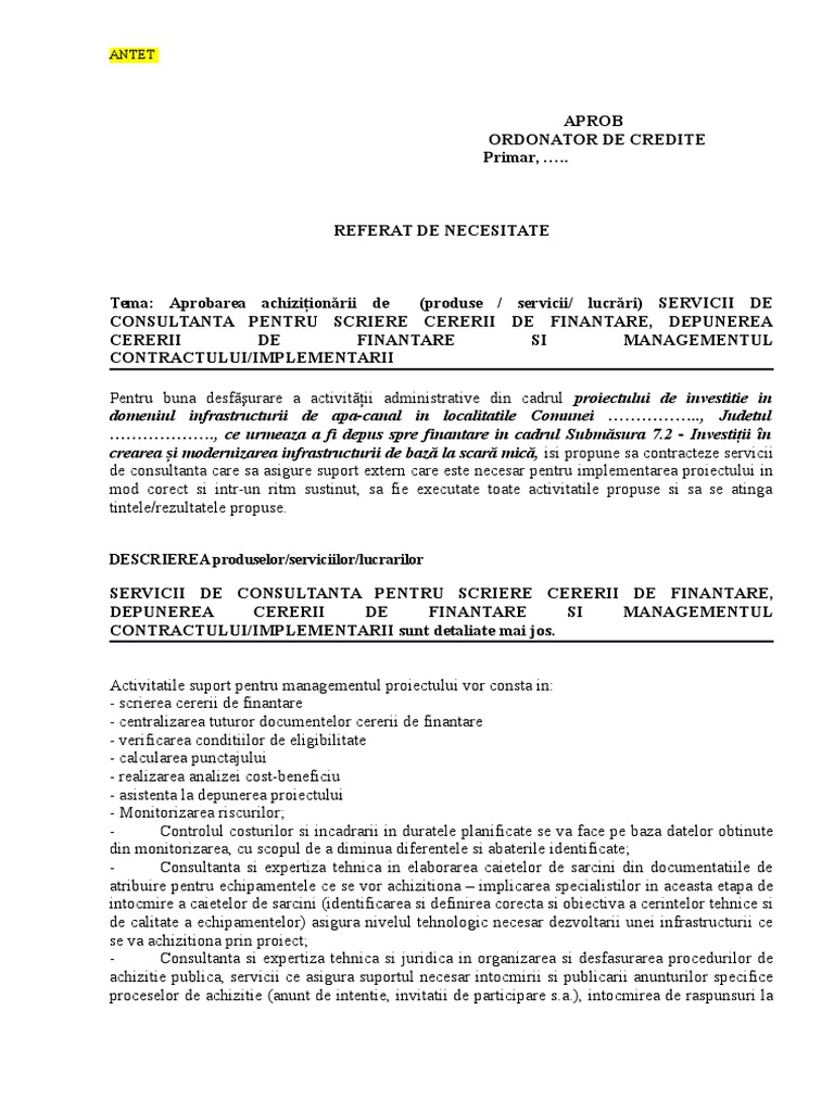 Model Referat de Necesitate Consultanta