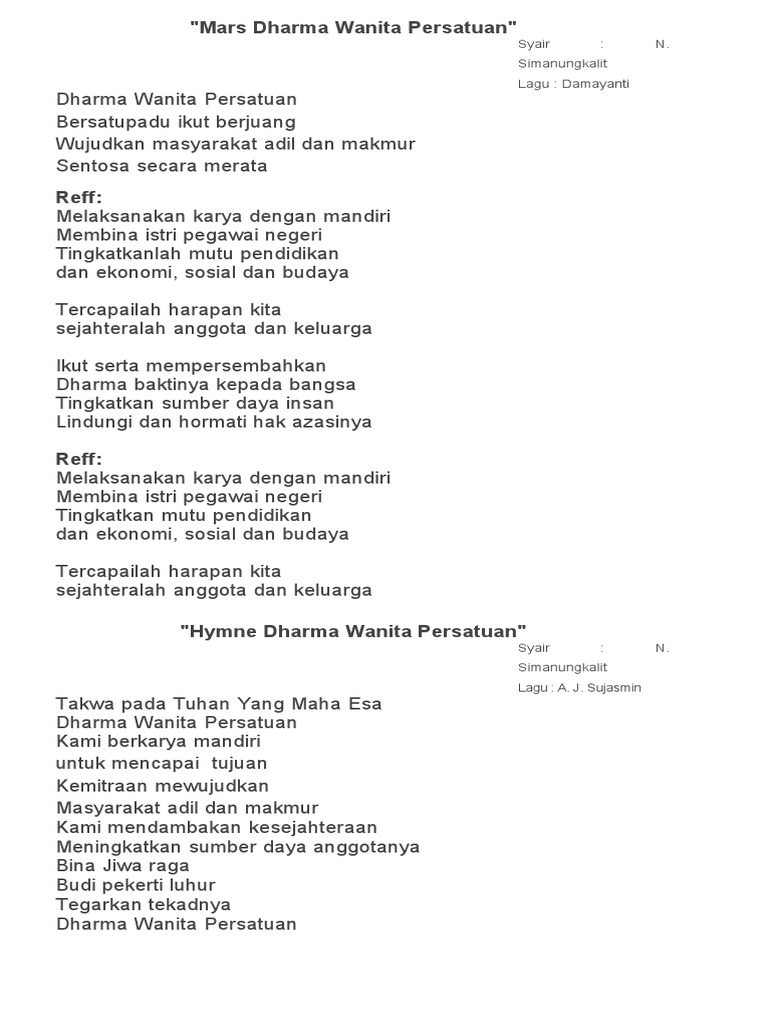 Teks Lagu Mars Dharma Wanita Persatuan Berbagai Teks Penting