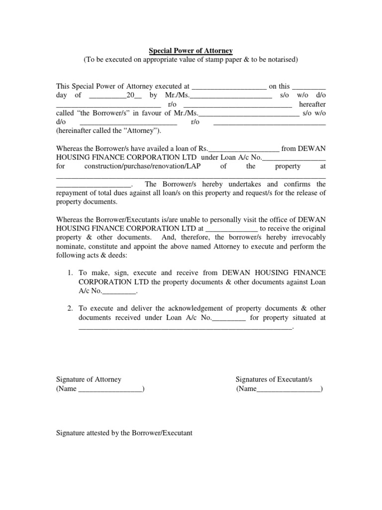 Special Power of Attorney for Loan Documents | PDF
