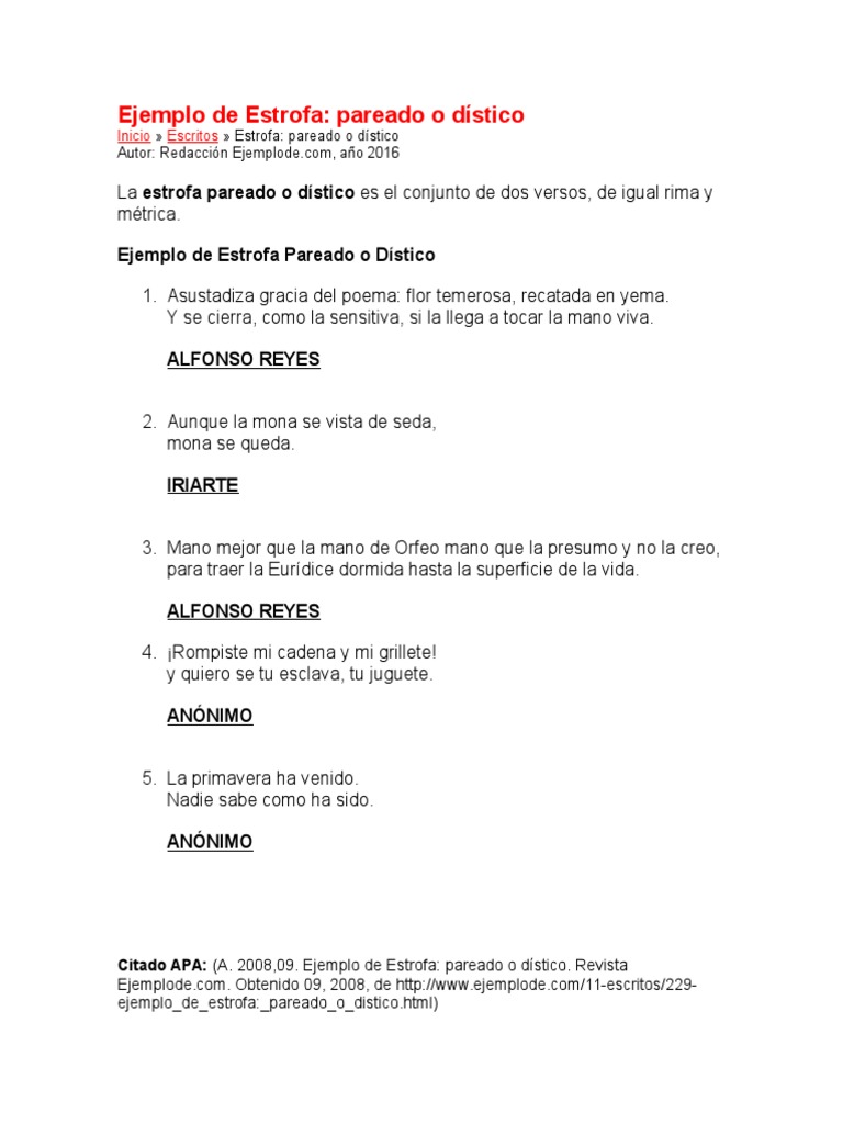 Ejemplo De Estrofa Pareado O Distico