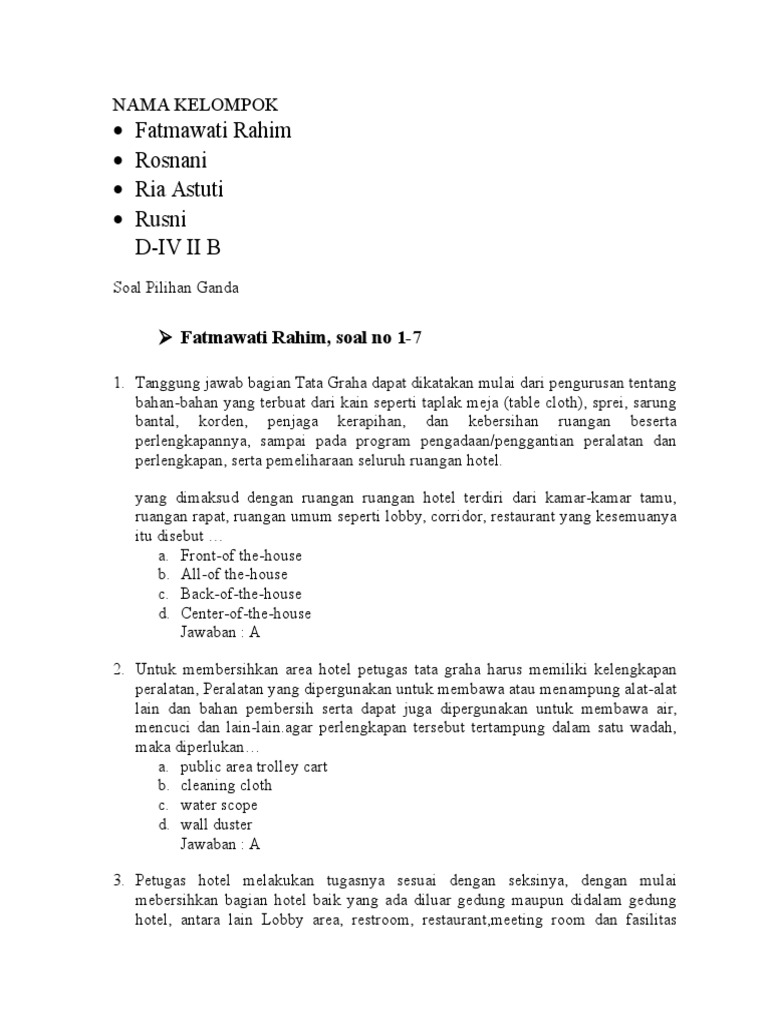Contoh Soal Housekeeping Pilihan Ganda Nurma Edu