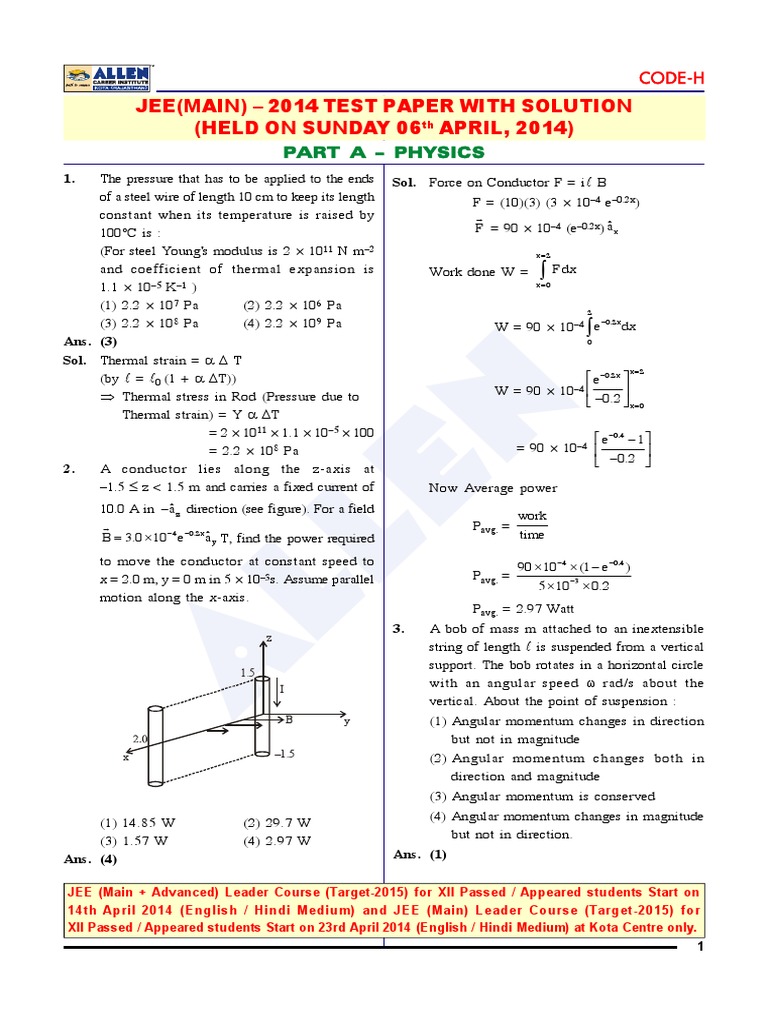 JEE - MAIN 2014 - Paper With Solution PDF | PDF