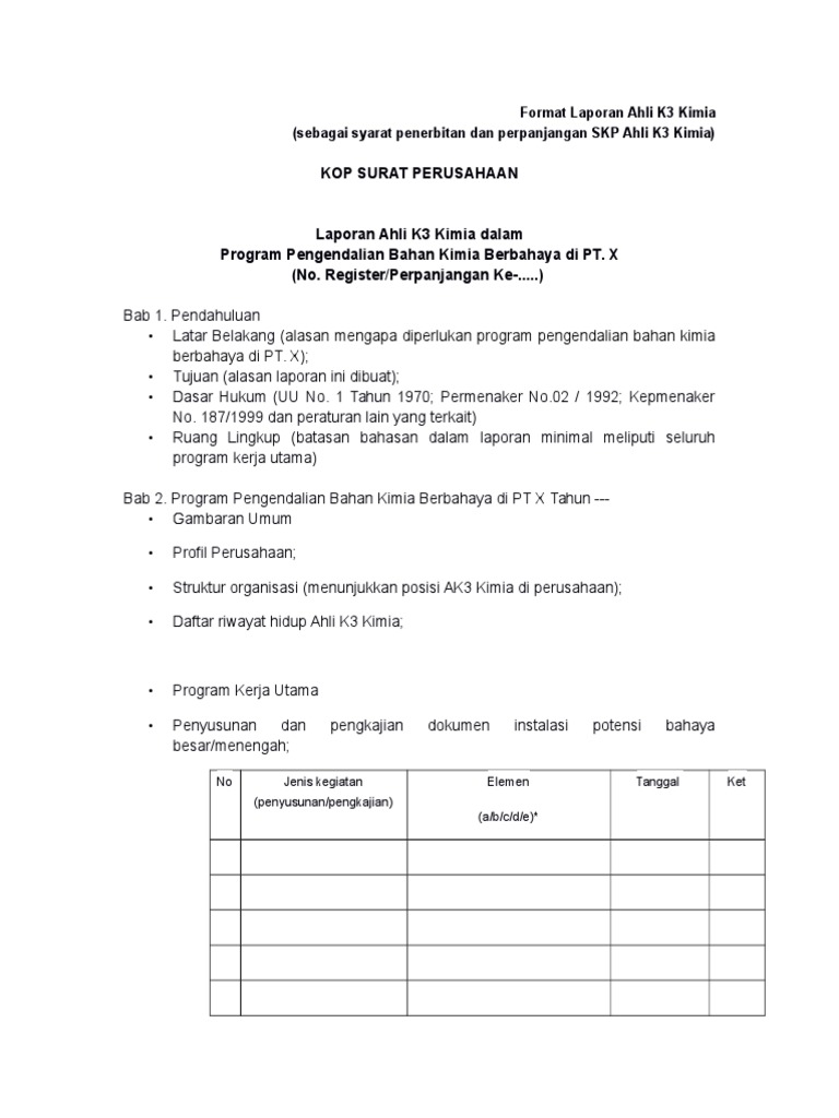 Format Laporan Ahli K3 Kimia