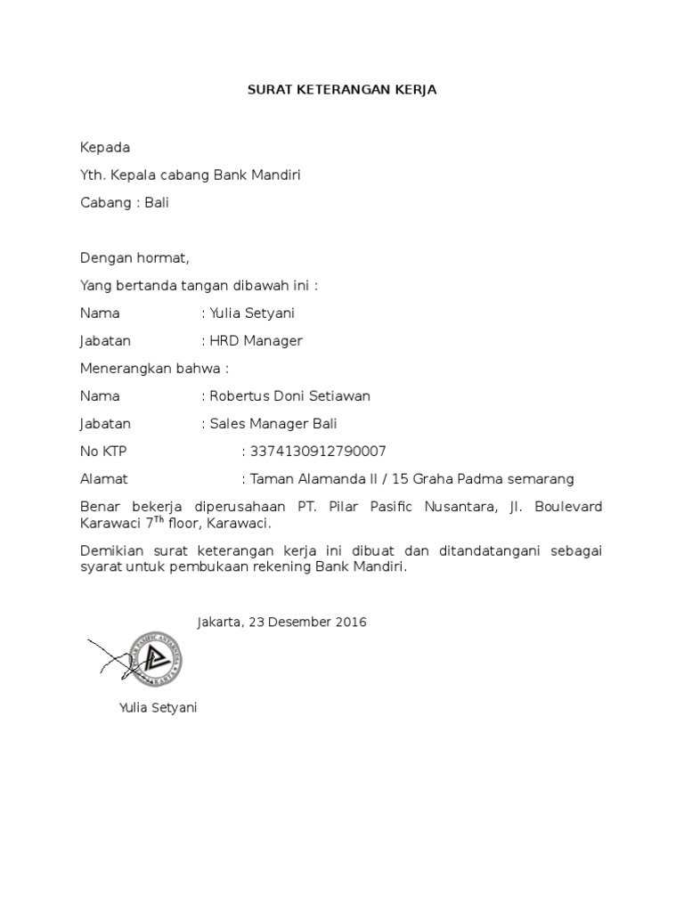 Surat Keterangan Kerja