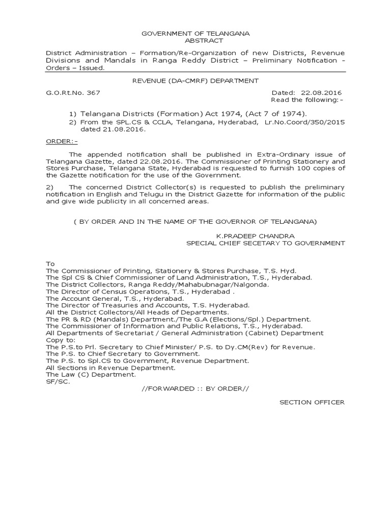 Ranga Reddy District Reorganization Notification | PDF