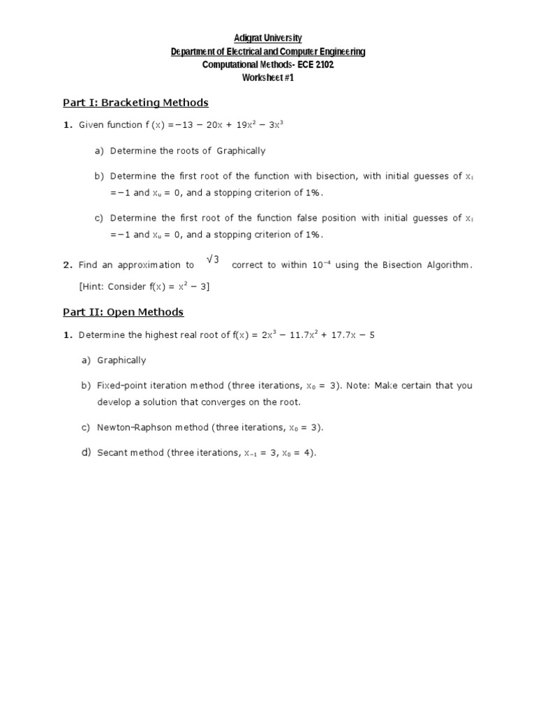 Computational Methods in ECE 2102 Worksheet | PDF