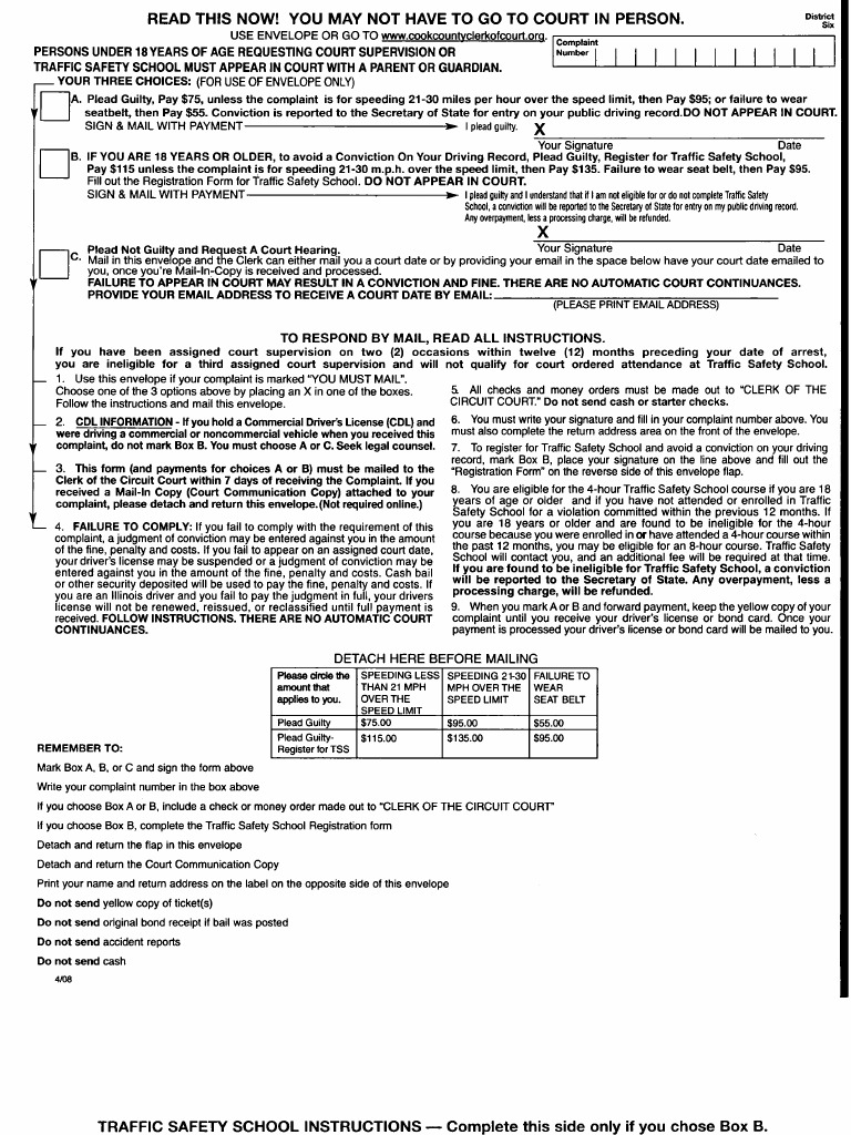 2010 Cook County IL Traffic Ticket Instruction Envelope PDF Traffic