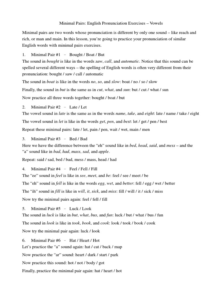 Pronunciation Minimal Pairs Exercise Vowels
