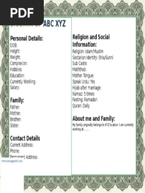 Biodata for Marriage - Muslim Format