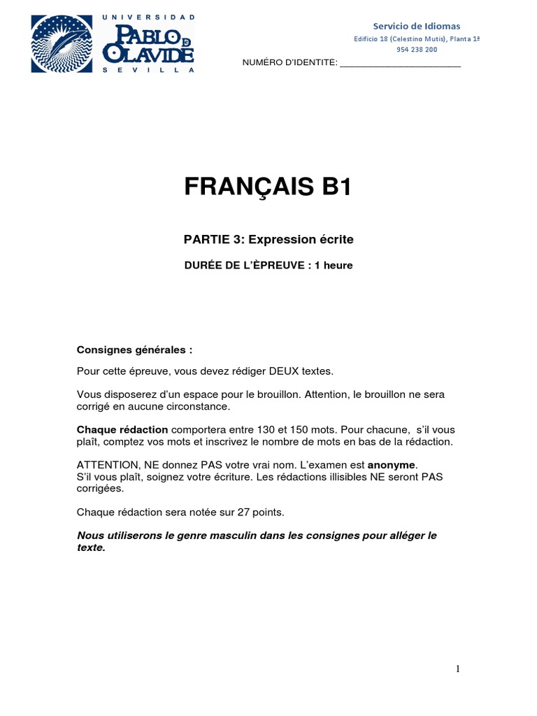 Examen B1 : Rédaction en français | PDF