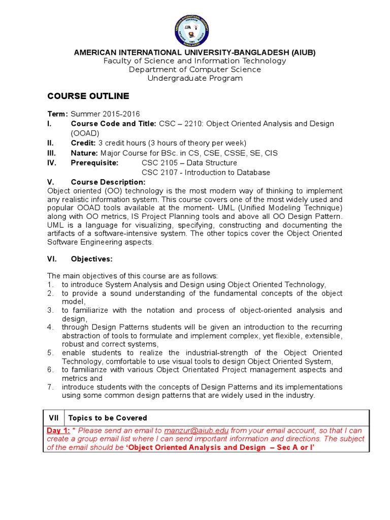 CSC 2210 Course Outline Object Oriented Analysis and Design-Summer-2015 ...