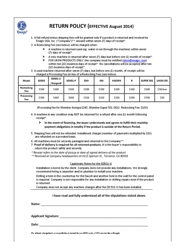 Enagic USA Return Policy Overview | PDF