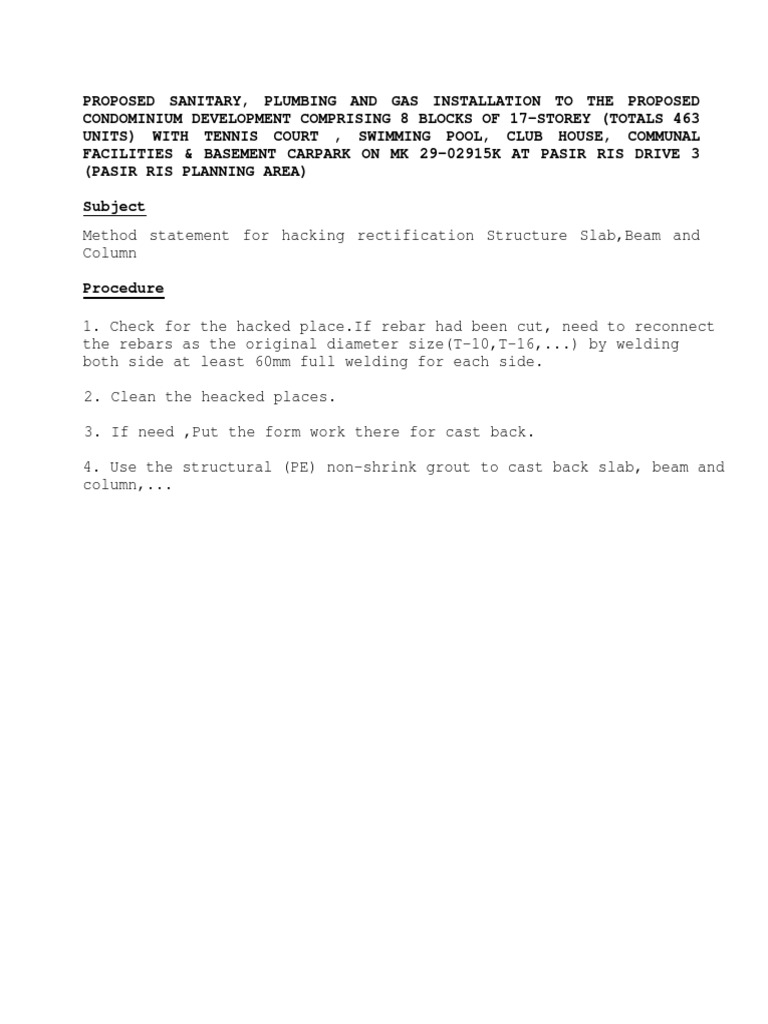 Column and Beam Hacking Method Statement | PDF | Home & Garden ...
