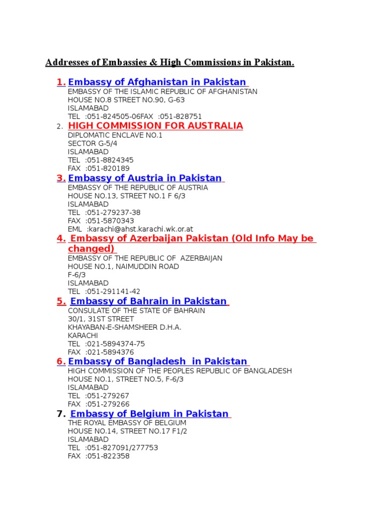 Embassy Addresses in Pakistan | PDF | Islamabad | World Politics