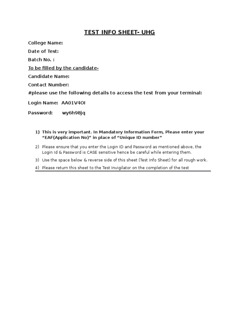 UHG Test Info Sheet Instructions | PDF | Login | Password