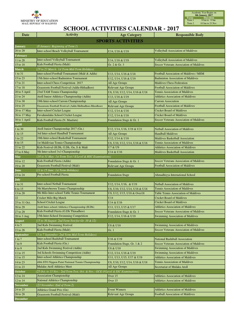 Maldives School Activities Calendar 2017 PDF Male Sports