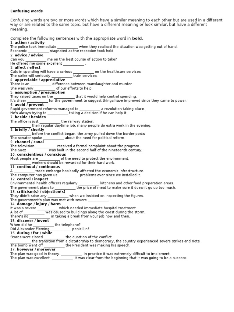Confusing Words Exercise | PDF | Public Sphere | Economies