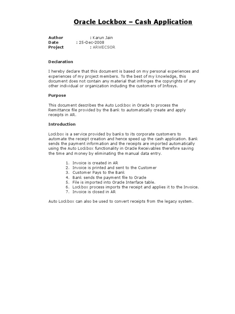 Oracle Lockbox - Cash Application: Author: Karun Jain Date: 25-Dec-2008 ...