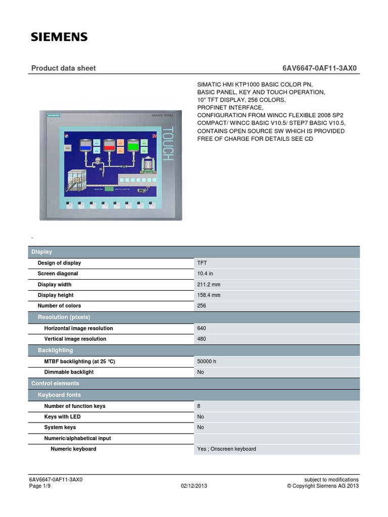 Siemens Ktp1000 HMI | PDF | Computer Keyboard | Display Resolution