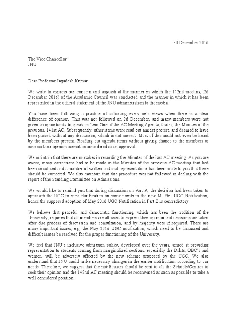 Letter To The Vice Chancellor From Members of The Academic Council of ...