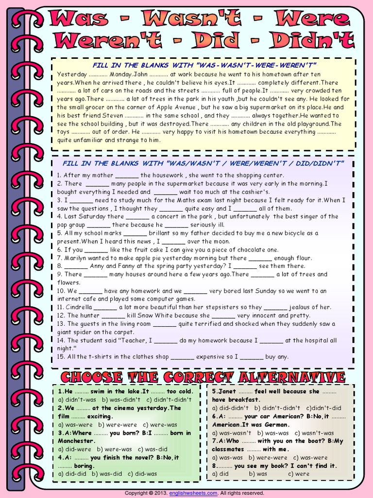 Simple Past Auxiliary Verbs Was-Wasn't-Were-Weren't-Did-Didn't 1 PDF ...