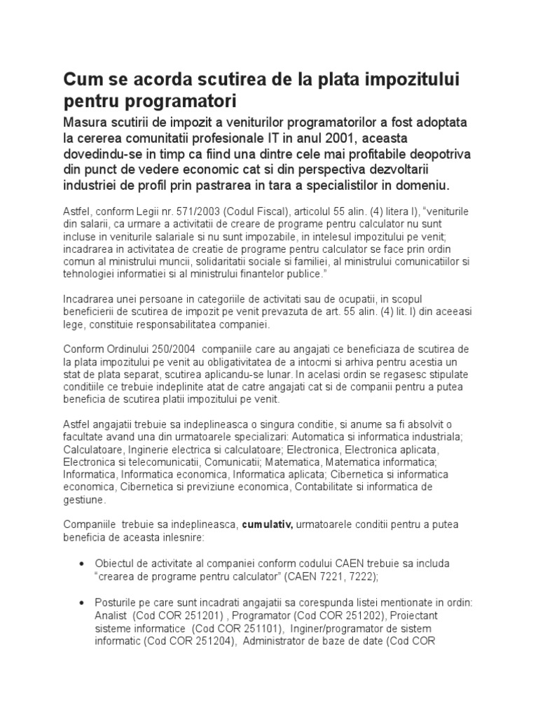 Cum Se Acorda Scutirea De La Plata Impozitului Pentru Programatori