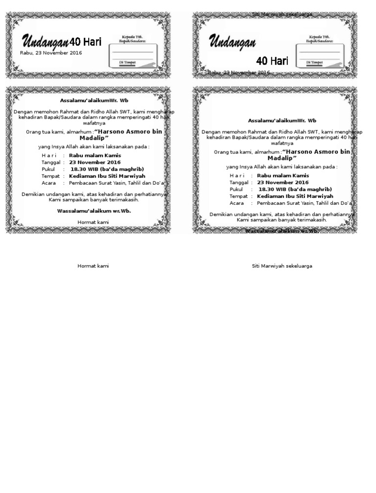 Contoh Undangan Tahlil