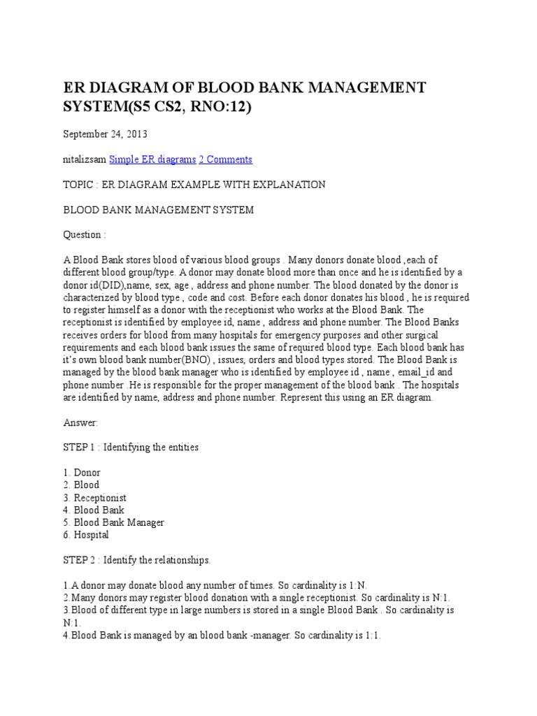 Er Diagram of Blood Bank Management System PDF