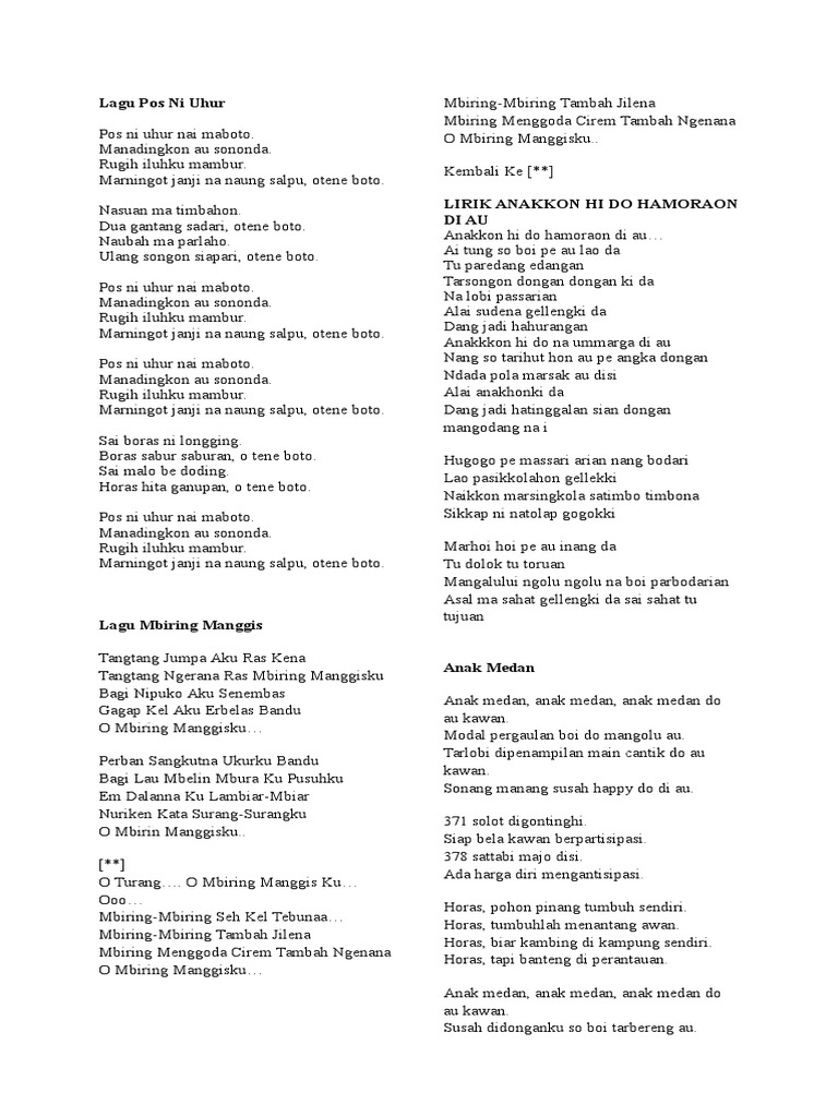 Lirik Lagu Pos Ni Uhur Nasi