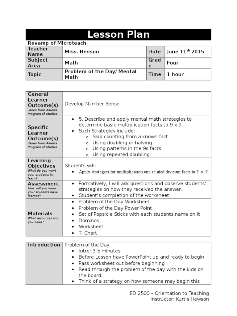 Grade 4 Math Lesson Plan: Mental Math | PDF | Lesson Plan | Quality Of Life