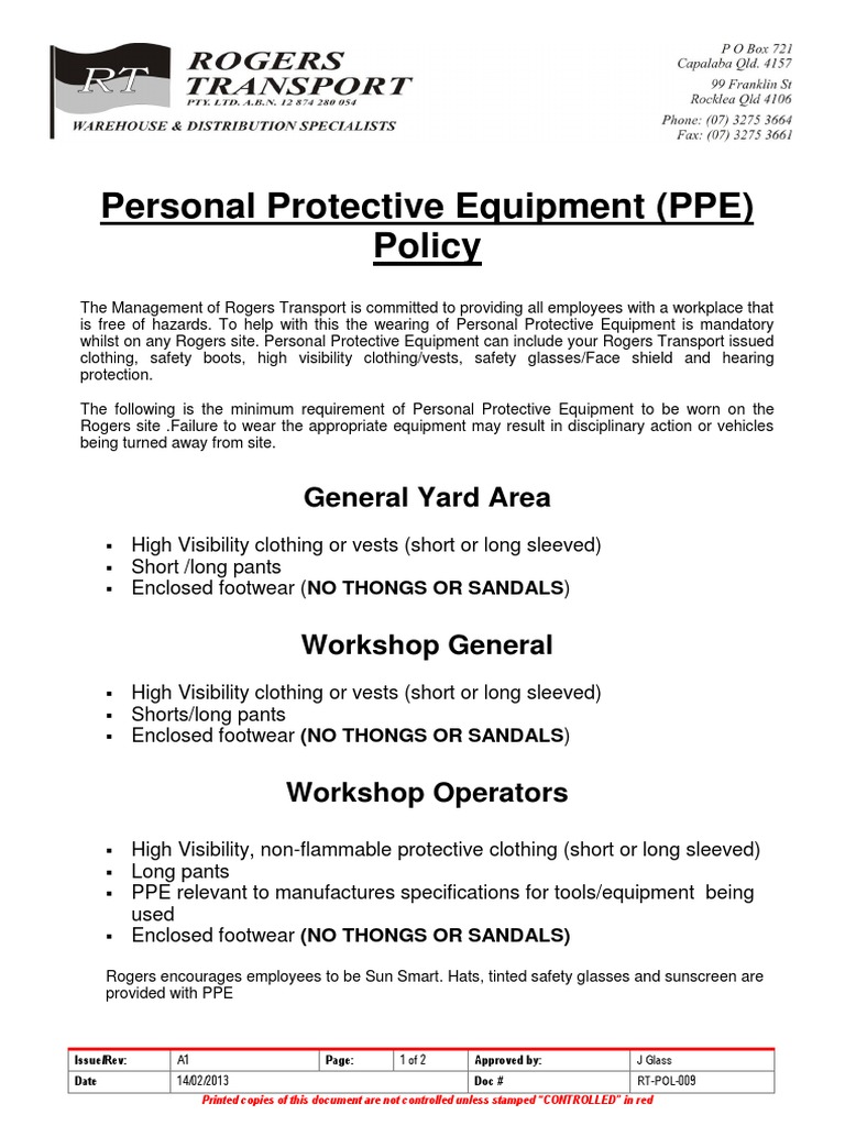 Personal Protective Equipment Policy RT POL 009 | PDF | Personal ...