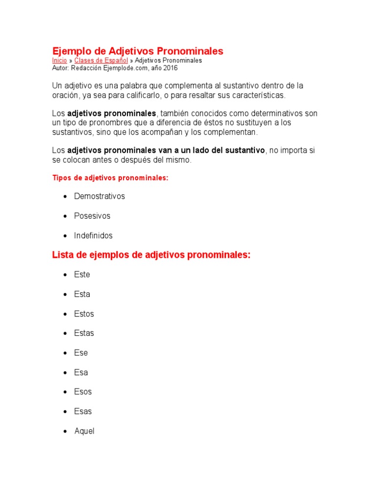 Ejemplos de Adjetivos Pronominales | PDF | Artes del Lenguaje y ...