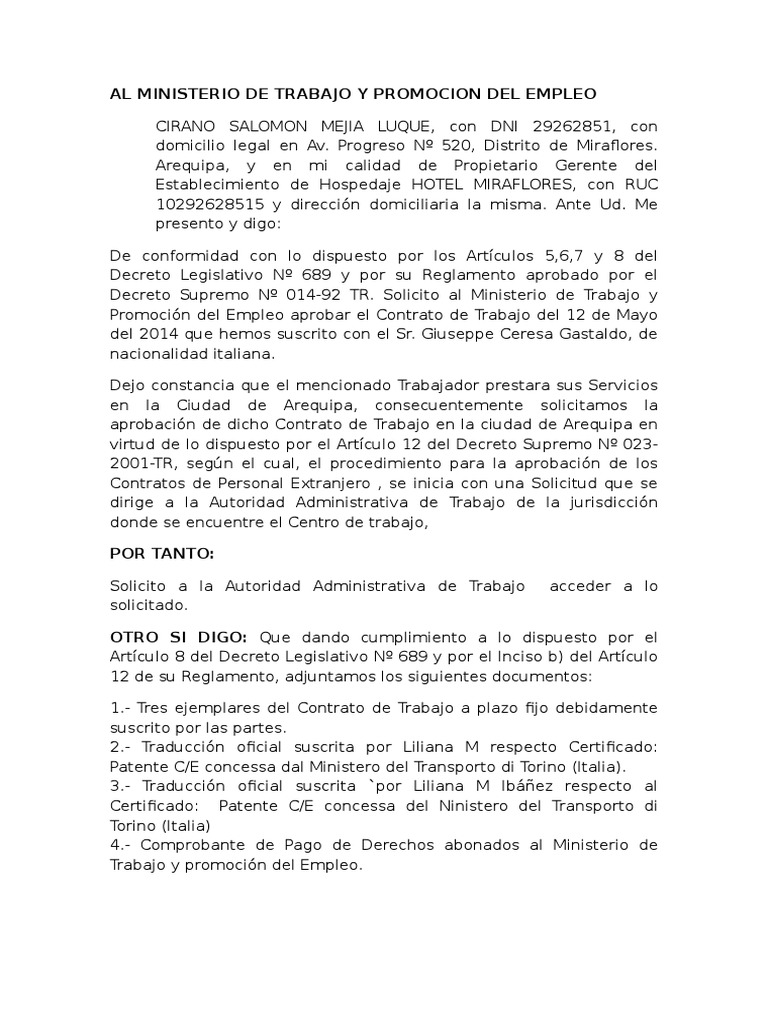 Al Ministerio de Trabajo y Promocion Del Empleo | PDF