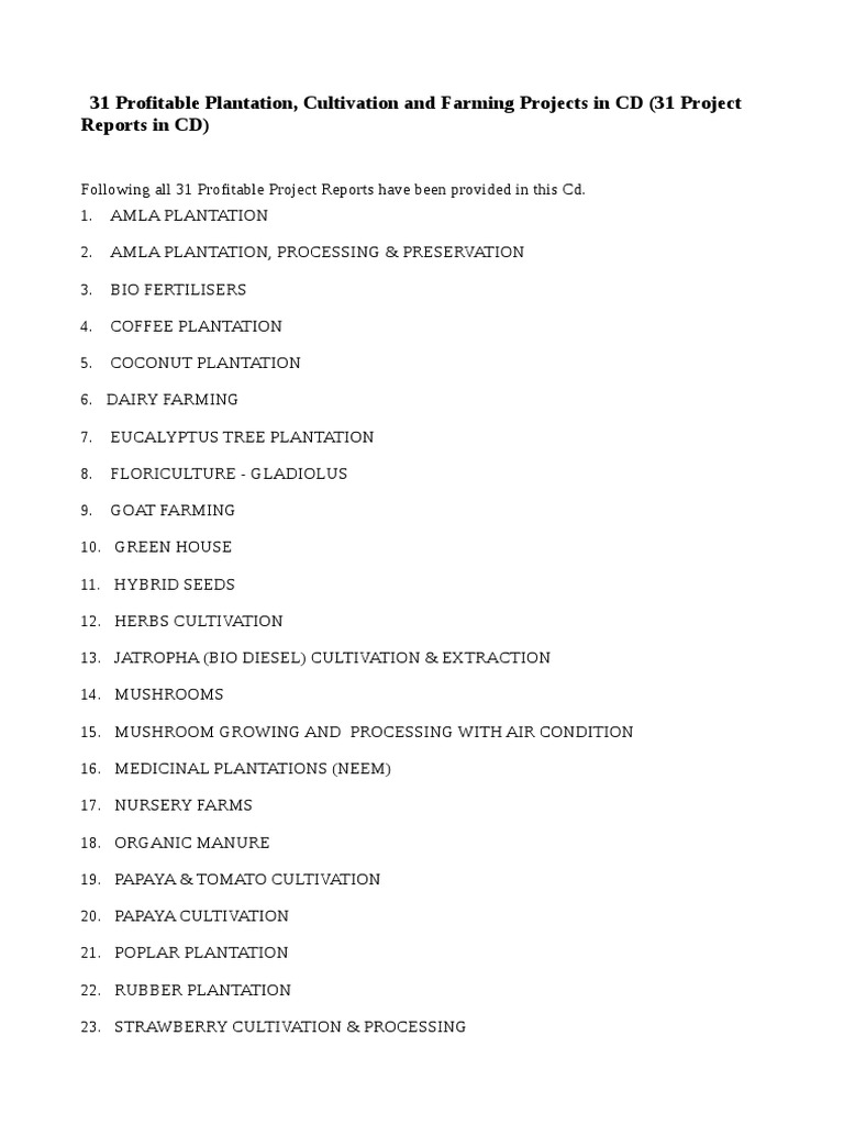 31 Profitable Plantation Cultivation and Farming Projects in CD | PDF