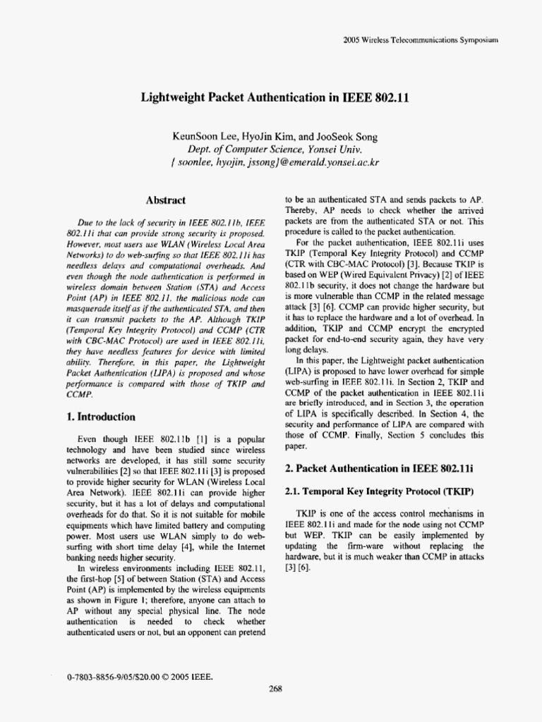 Lightweight Packet Authentication in WLAN | PDF | Wireless Lan ...