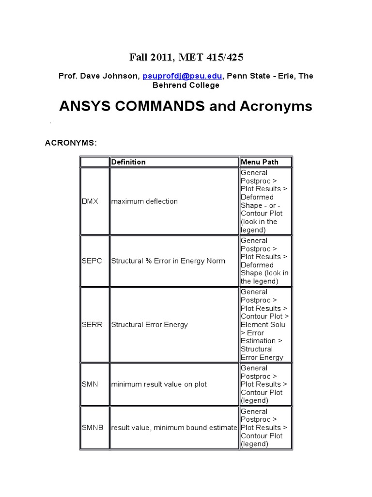 ANSYS APDL Commands and Acronyms Guide | PDF | Mathematical Analysis ...