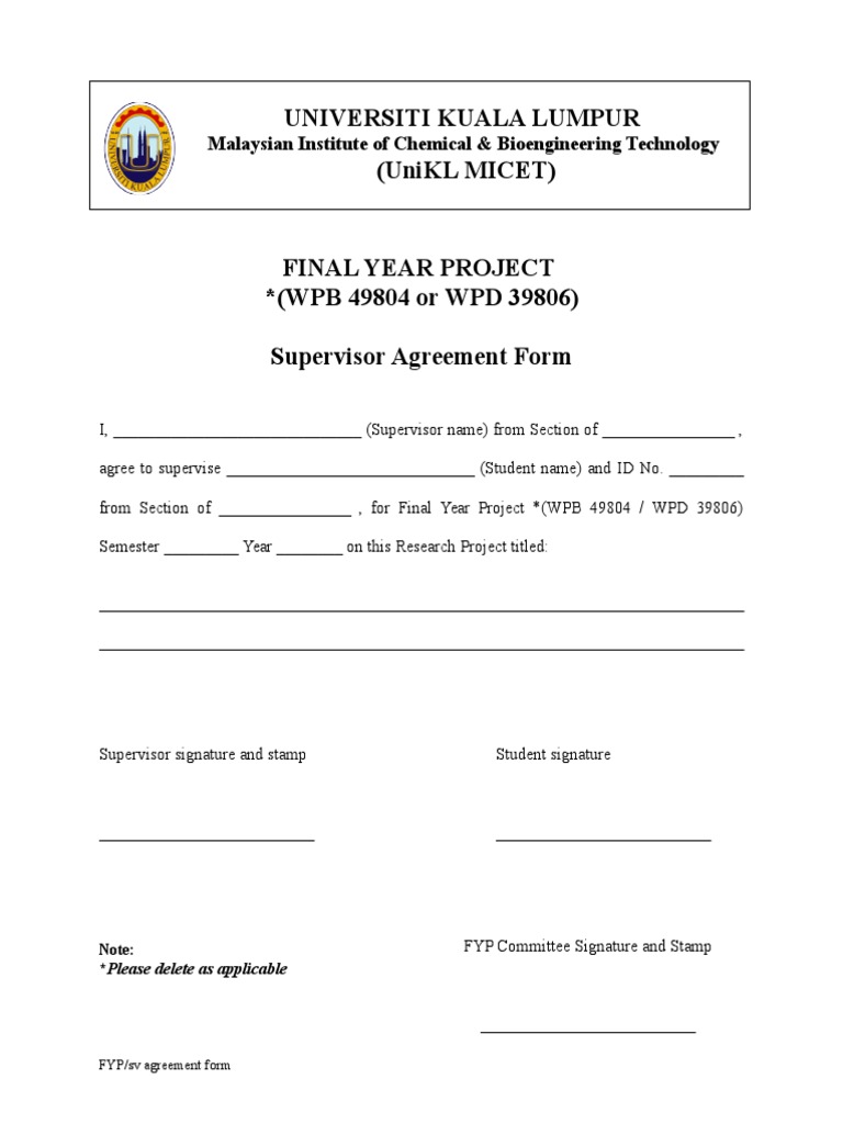 UniKL Final Year Project Supervisor Form | PDF