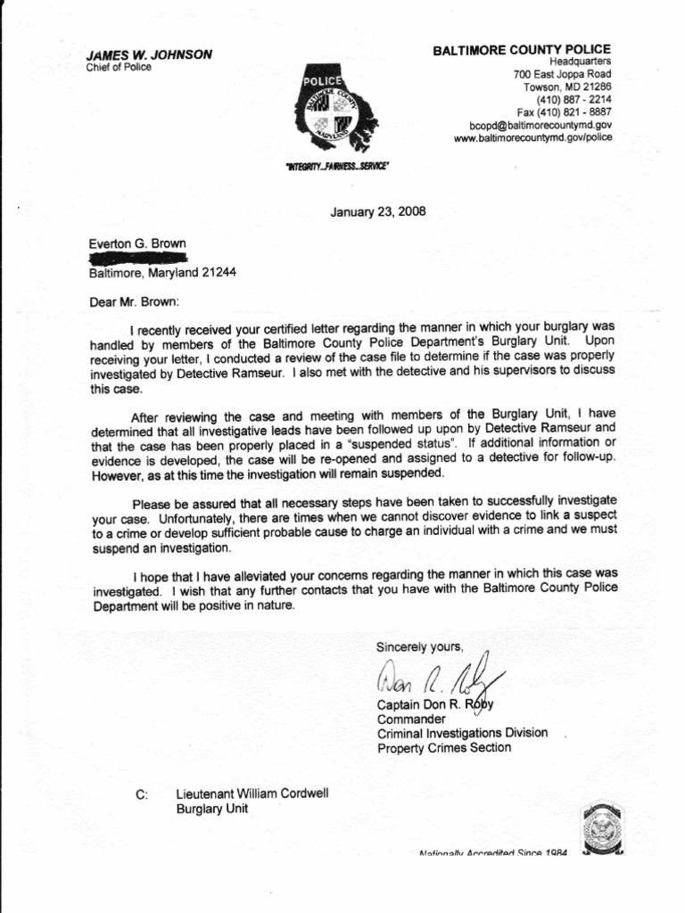 Baltimore Cheif Of Police Final Response To Burglary