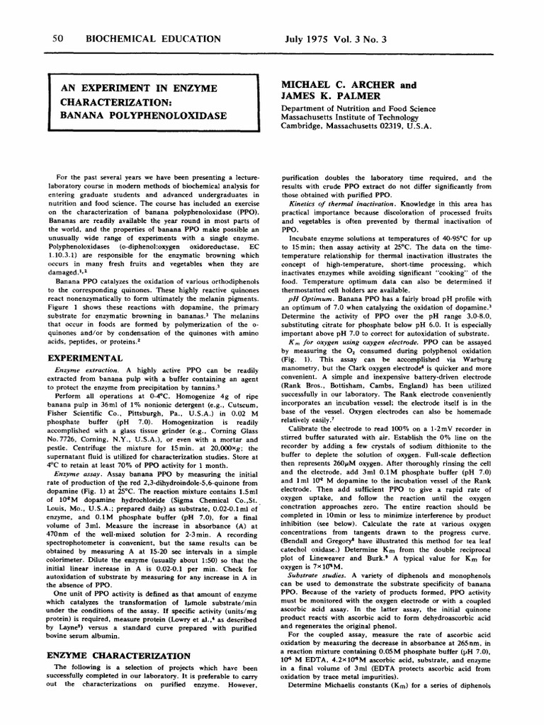 An Experiment in Enzyme CharacterizationBanana Polyphenoloxidase PDF