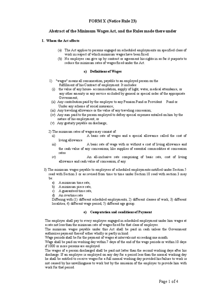 Abstract of the Minimum Wages Act, 1948 Wage Tax Deduction Free