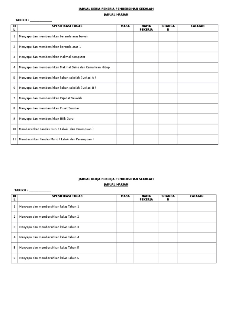 JADUAL KERJA PEMBERSIHAN