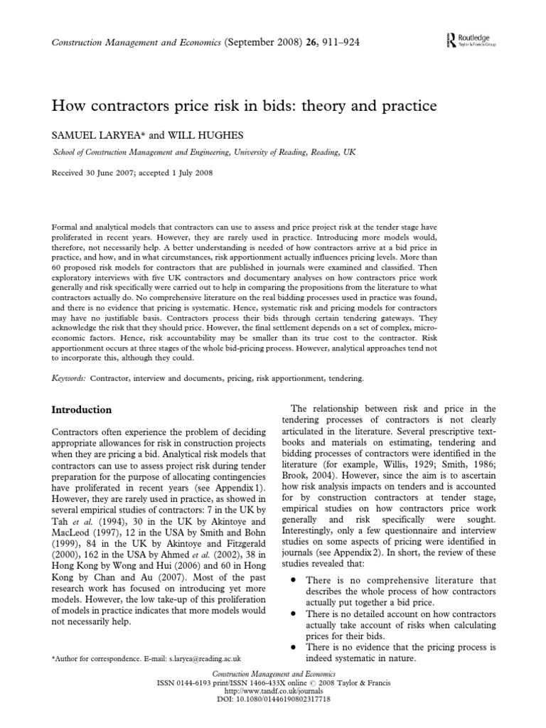 Contractors' Risk Pricing in Bids | PDF | Construction Bidding | Risk