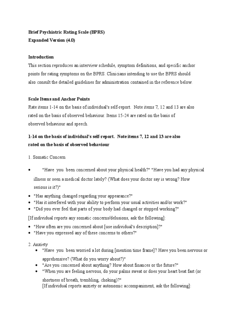 BPRS Expanded Version 4.0 Guide | PDF | Psychiatric Diseases And ...