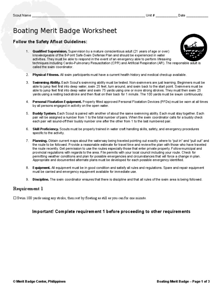 Boating Merit Badge Worksheet Follow The Safety Afloat Guidelines