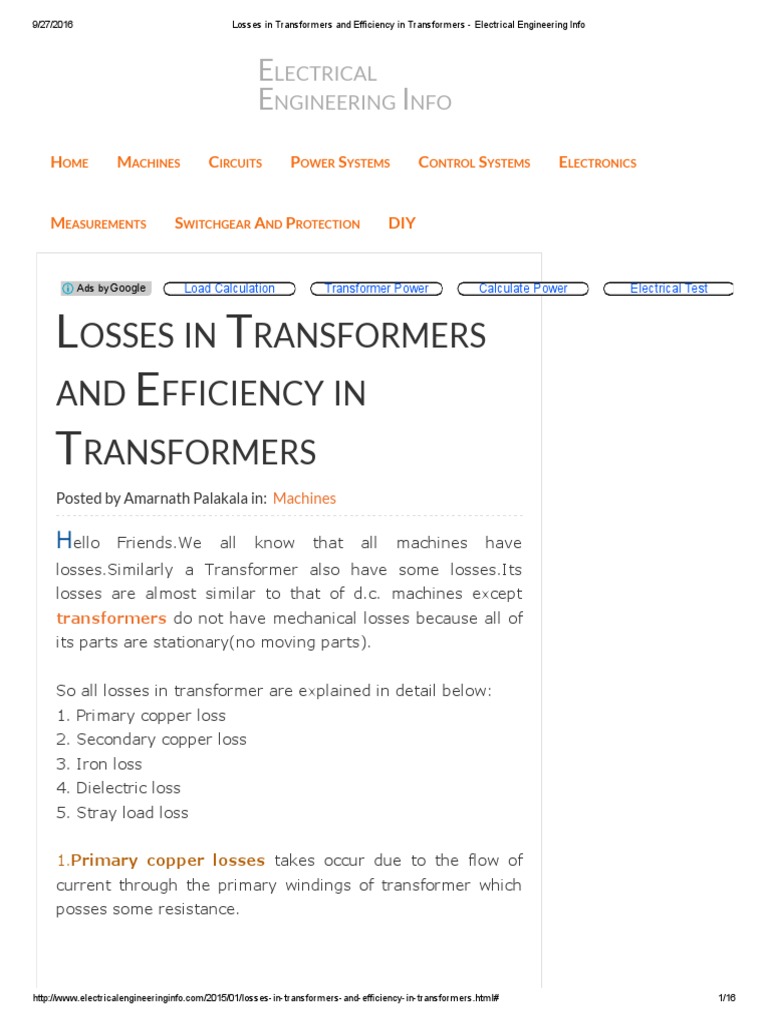Losses in Transformers and Efficiency in Transformers - Electrical ...
