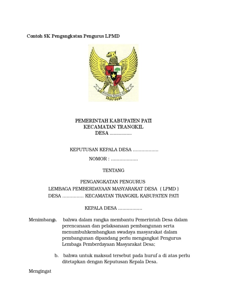 Contoh SK Pengangkatan Pengurus LPMD PDF